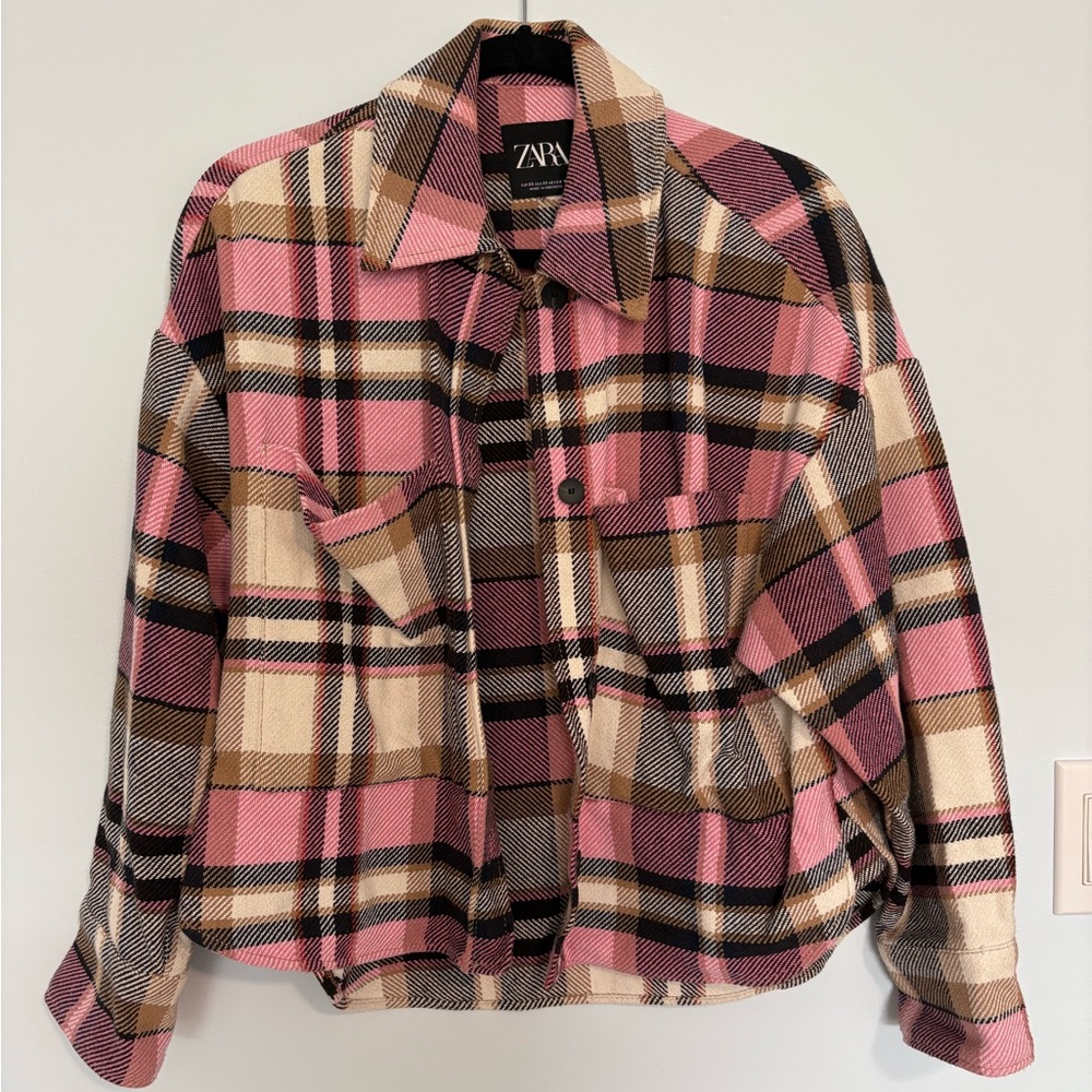 Zara Women's Pink and Black Plaid Utility Jacket